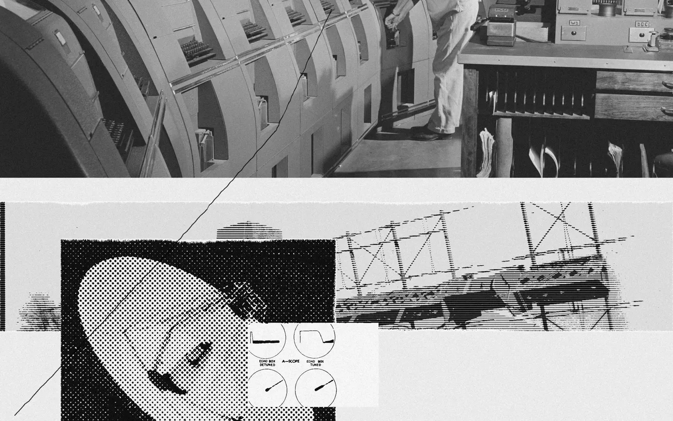 Collage: a 1941 teletype room with a row of curved receivers, a wartime radar antenna array, a halftone of the 210-foot Goldstone dish seen from above, and two echo box scope faces