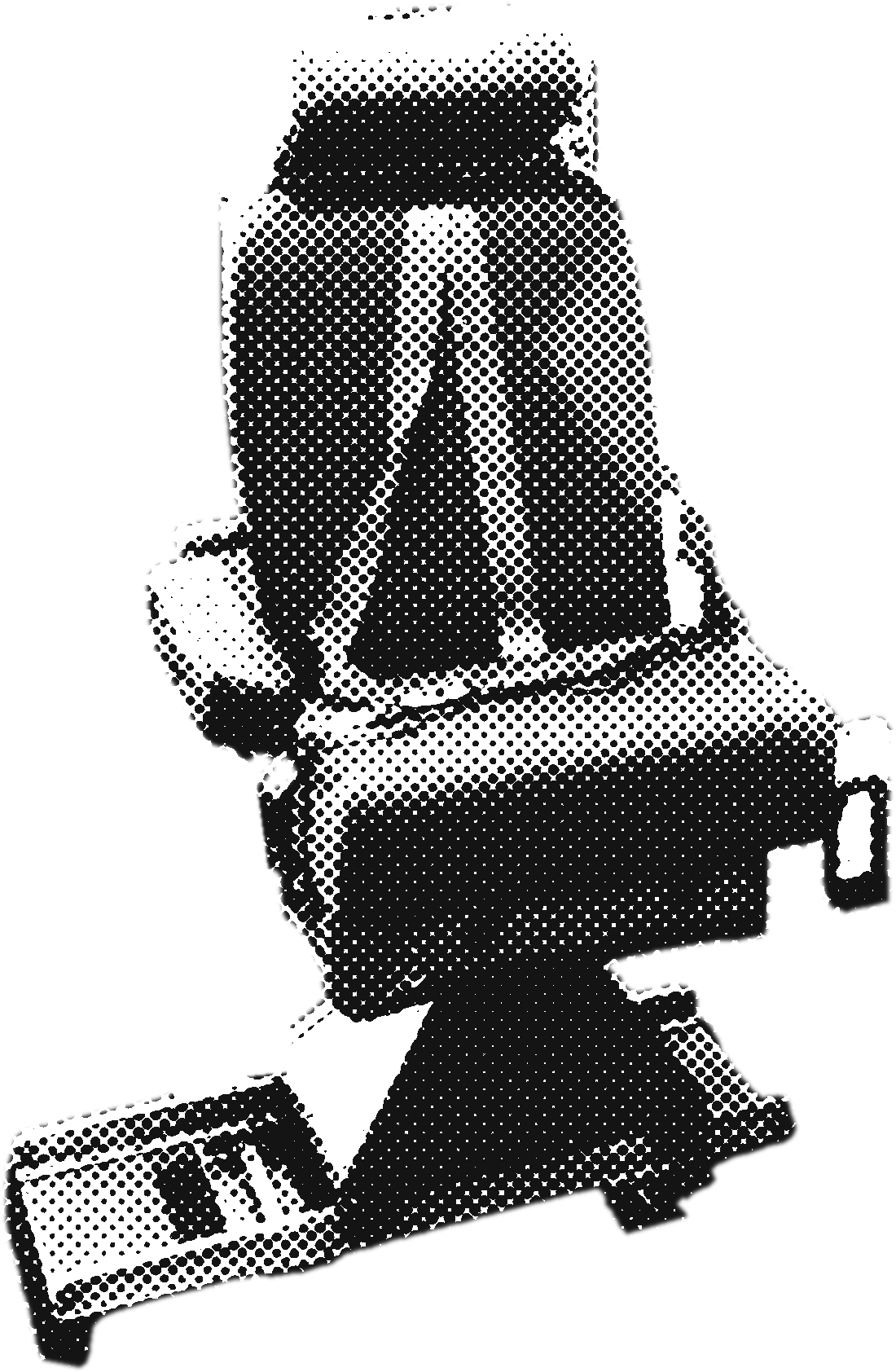 An empty, padded operations chair with a shoulder harness, mounted on floor rails, printed as a coarse halftone.